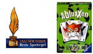 Das Logo des Preises "Essener Feder" und die Schachtel von "Abluxxen".