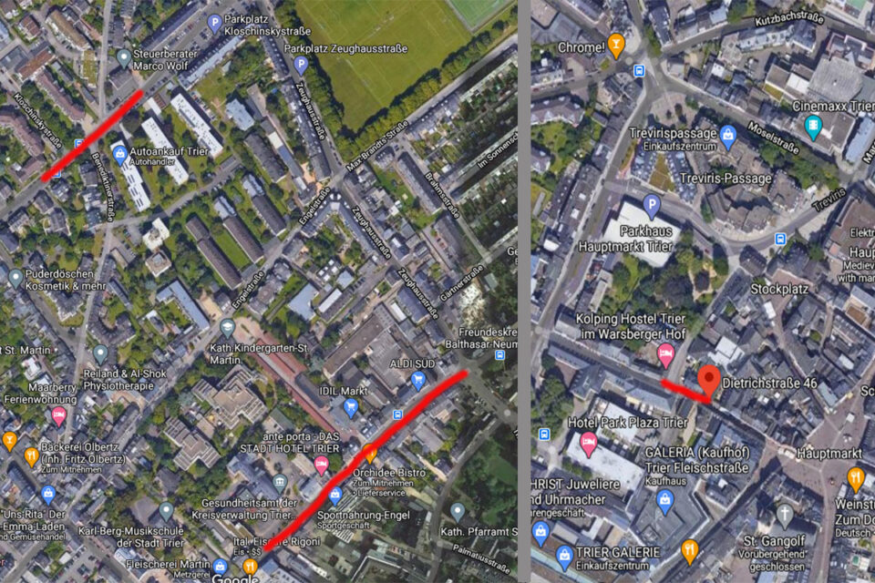 Die gesperrten Straßen: Kloschinskystraße (oben links), Paulinstraße (Mitte) und Dietrichstraße (rechts) Foto: Google Maps