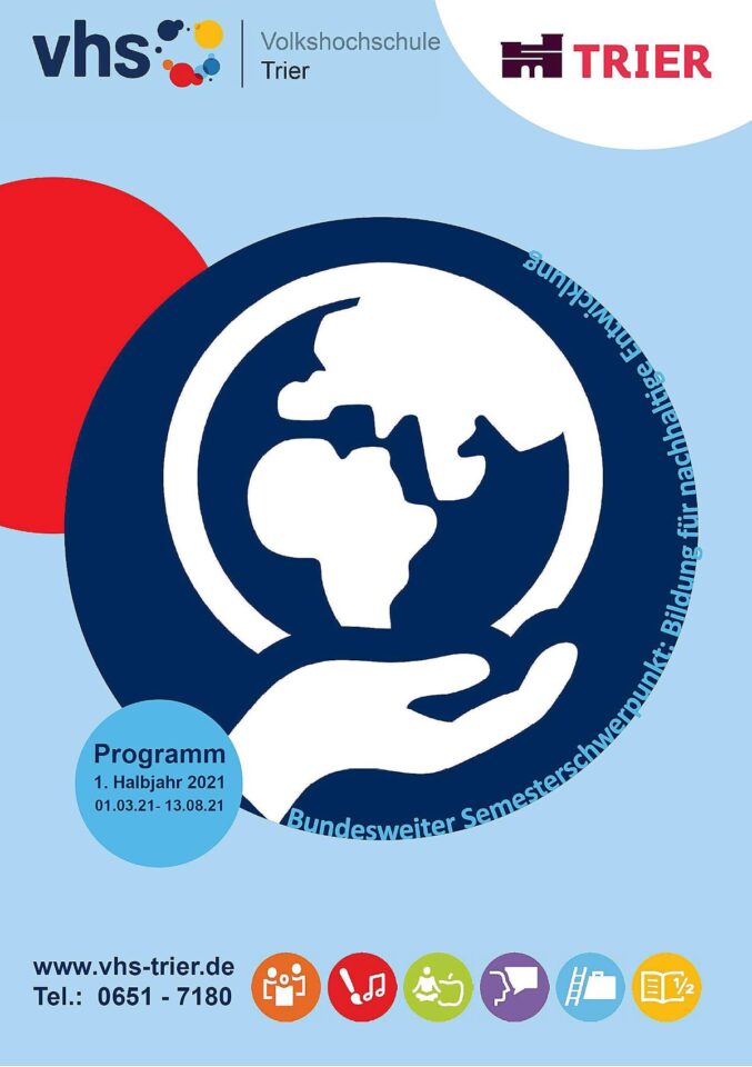 Das Cover des VHS Programmhefts zeigt zum Semesterschwerpunkt „Bildung für nachhaltige Entwicklung“ einen stilisierten Globus. Bildquelle: VHS