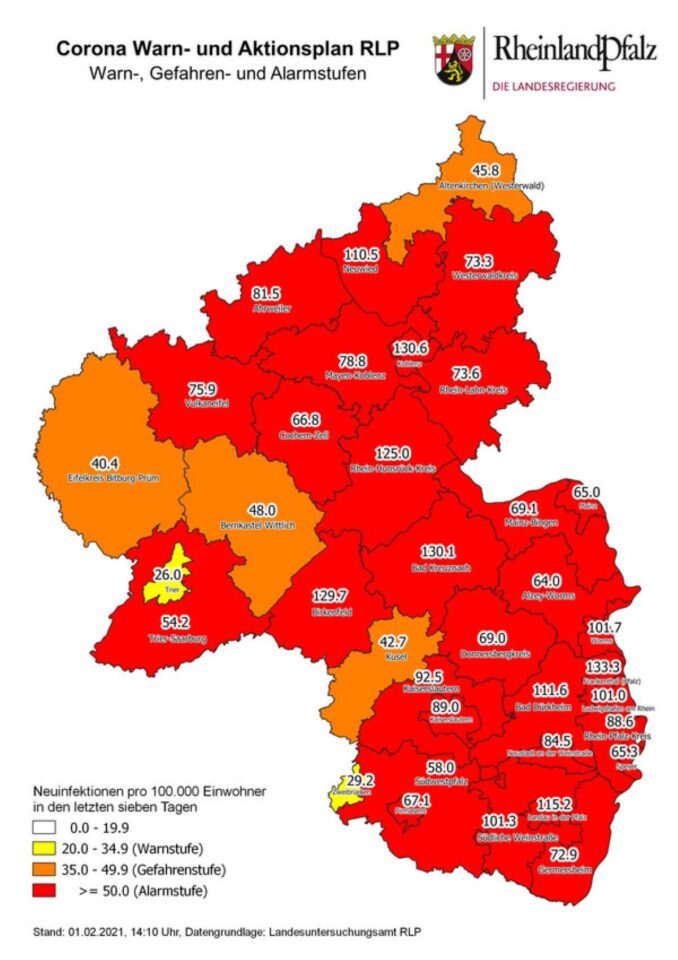 Die Karte zeigt die aktuelle 7-Tage-Inzidenz in den Landkreisen und kreisfreien Städten in Rheinland-Pfalz. Bildquelle: corona.rlp.de