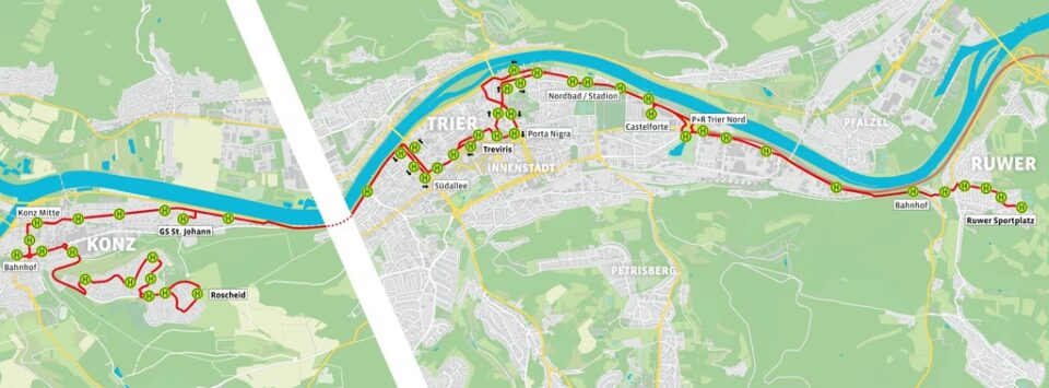 SWT - Linienverlauf Buslinie 9 - Trier Ruwer bis Konz Roscheid - Quelle: SWT