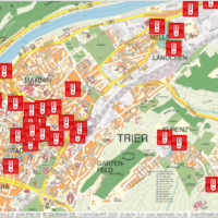 Das Bild zeigt eine Karte mit den Corona-Testzentren in Trier. Bild: www.trier.de