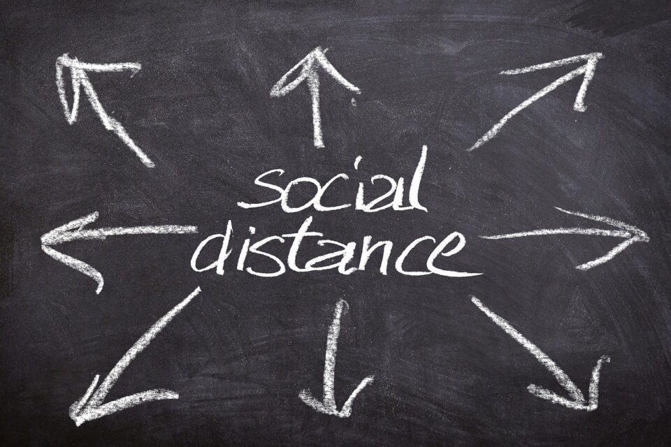 Das Bild zeigt ein Kreietafel mit Pfeilen und dem Wort "Social Distance". Foto: Bild von Gerd Altmann auf Pixabay