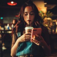 Das Foto zeigt eine junge Frau, die Kaffee schlürfend auf Ihr Smartphone schaut. Foto: Pexels.com by Averyanovphoto