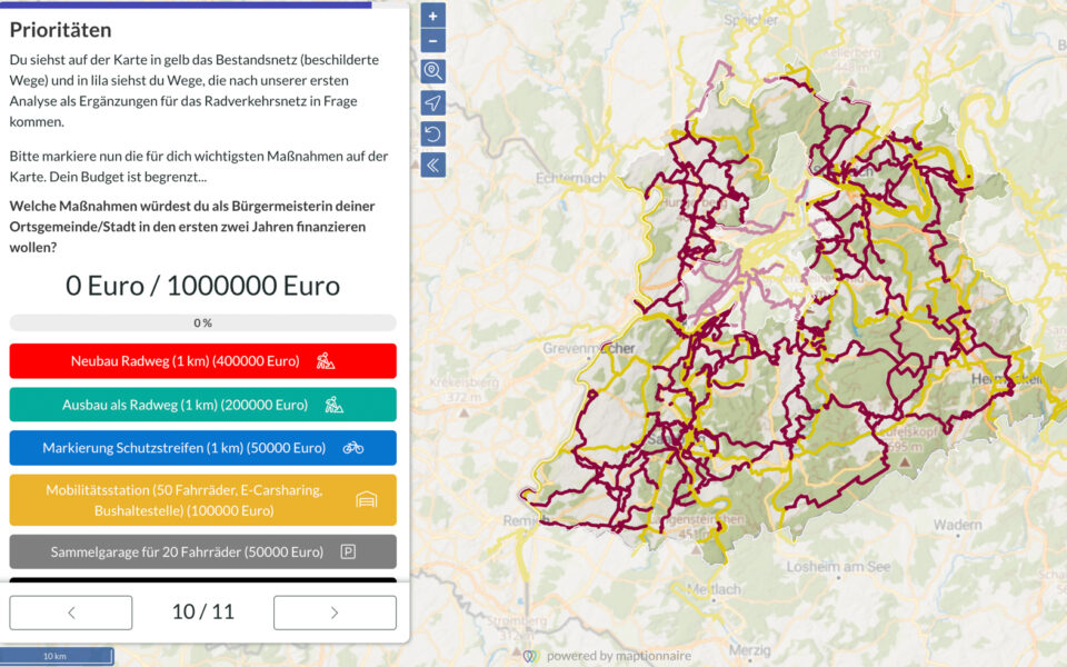 Spielerische Bürgerbeteiligung. Welche Maßnahmen würden Sie mit einer Millionen Euro für ein neues Radverkehrsnetz ergreifen? Foto: Stadt-Land plus GmbH.