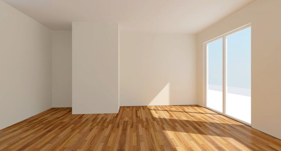 Das Foto zeigt einen leeren 3d modellierten Wohnungsraum mit weißer Wand und Holzdielen. Fofo: PIRO4D by pixabay