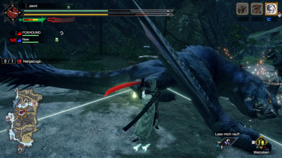 Der Spieler beim Angriff! Bild: Screenshot "Monster Hunter Rise"/5vier.de.