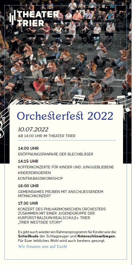 Am Sonntag, den 10 Juli 2022 findet ab 14 Uhr im  Theaters Trier endlich wieder das Orchesterfest des Philharmonischen Orchesters der Stadt Trier statt. Bildquelle: Theater Trier 