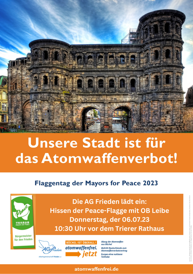 Aktionsflyer zum Flaggentag der Mayors for Peace. Bild: Arbeitsgemeinschaft Frieden e.V. Trier