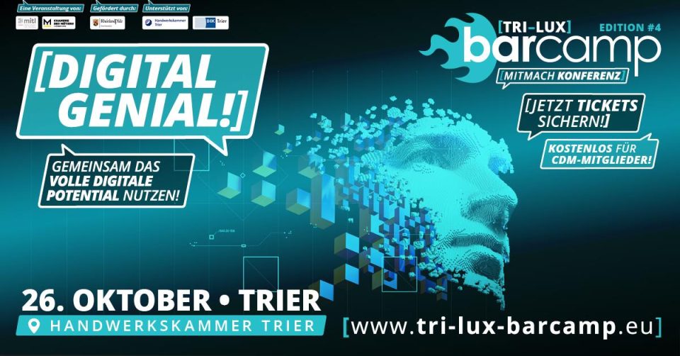 Das vierte TRI-LUX Barcamp findet am 26. Oktober 2023 in Trier unter der Schirmherrschaft von Ministerpräsidentin Malu Dreyer statt. Graphik: @edelweisz 
