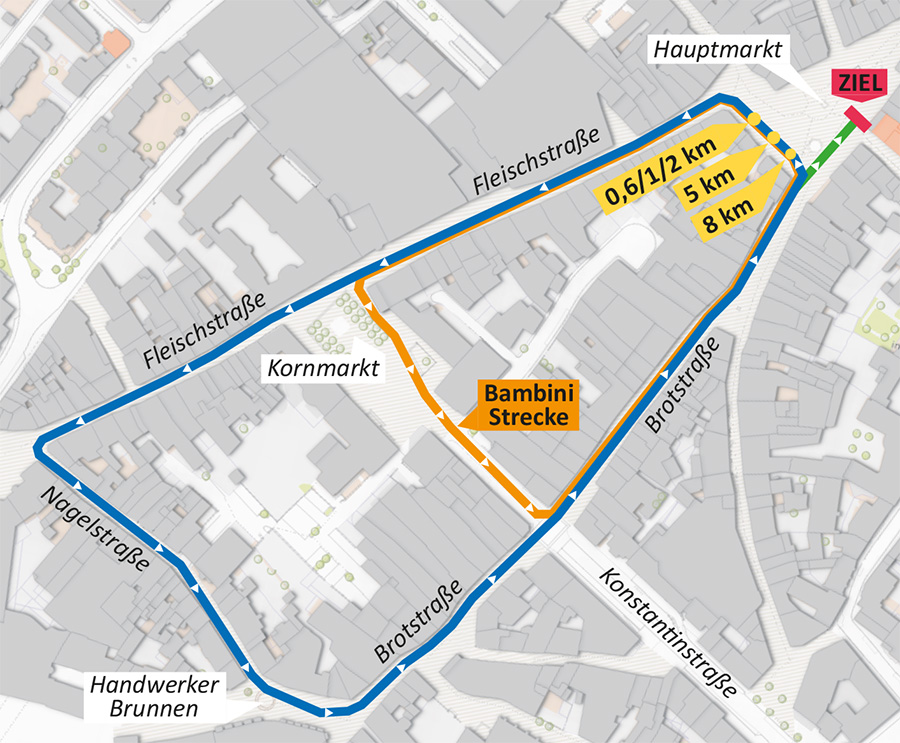 Die Karte zeigt den Verlauf der Strecken beim Trierer Silvesterlauf 2023. Foto: Rathaus der Stadt Trier