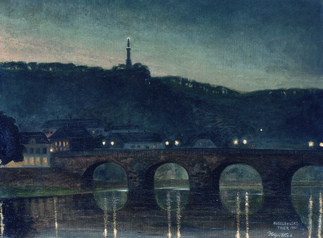 Holger Wind, Römerbrücke und Mariensäule bei Nacht © Stadtmuseum Simeonstift