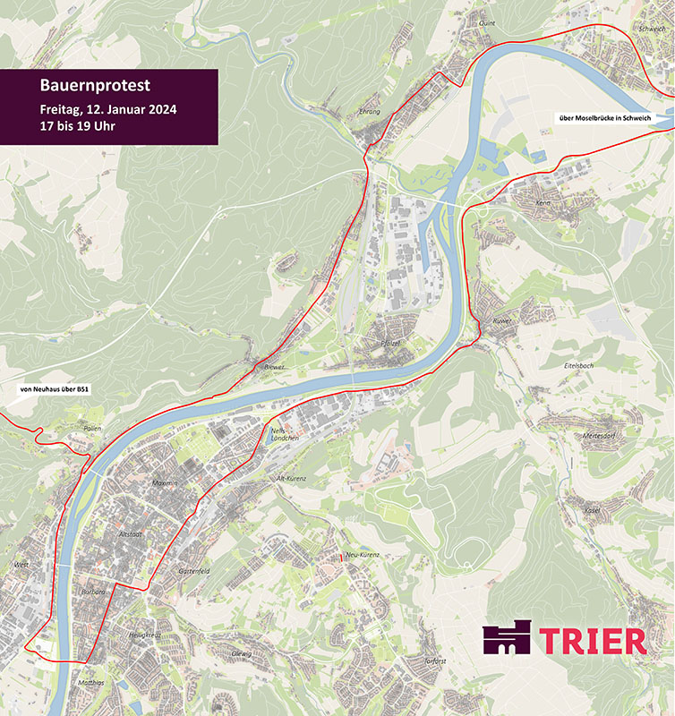 Strecke des Traktor Konvois am Freitag, 12.01.2024. Grafik: Rathaus der Stadt Trier
