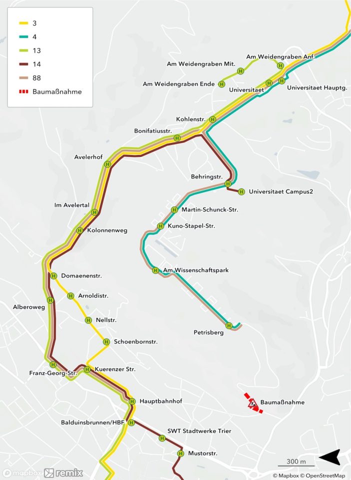 Vollsperrung der Sickingenstraße im Zeitraum von Montag, 25. März, bis voraussichtlich Donnerstag, 28. März 2024, werden die Busse der Linien 4, 14 und 88 umgeleitet. Skizze: SWT AöR