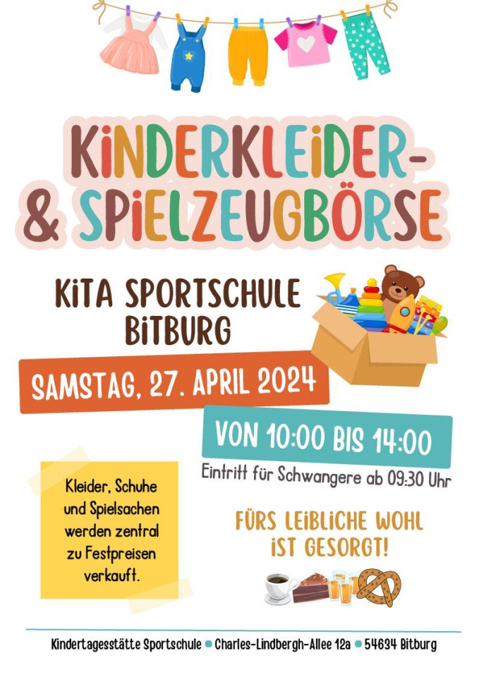 Veranstaltungsankündigung für die Kinderkleider- & Spielzeugbörse. Foto: Kita Sportschule Bitburg.